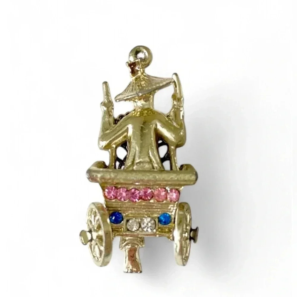 Vintage Asian Rickshaw Wheel Cart Man Gold Tone Rhinestone Pendant for Necklace